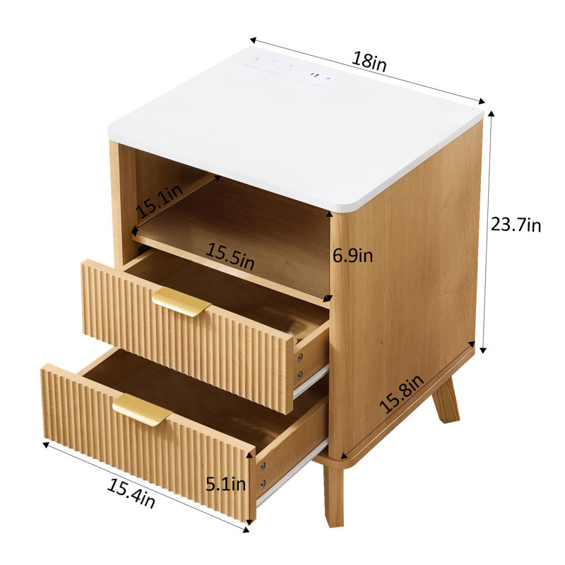 Fluted Nightstand With Charging Station And LED Lighting