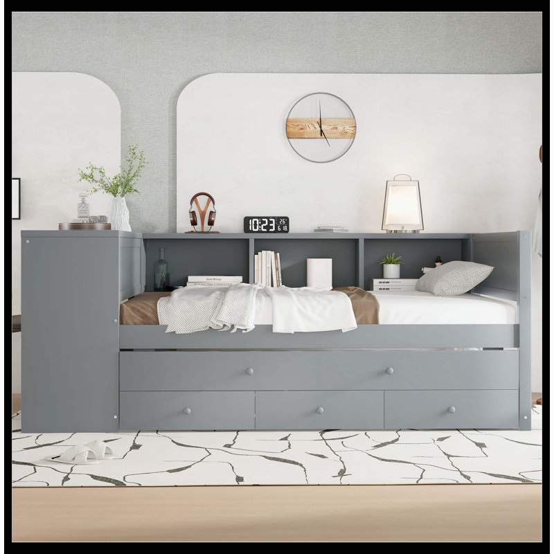 Twin Size Daybed With Trundle, Wood Day Bed Frame With Storage Drawers And Side Shelves, Daybed With Desk, No Spring Box Needed, Gray