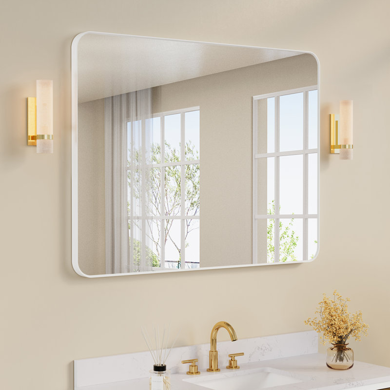 Miroir de coiffeuse biseauté Hellie, 40 po x 32 po, Rectangulaire, Or brossé