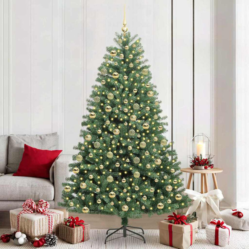 Artificial Hinged Christmas Tree Green PVC and Metal, with Leds & Gold Balls, 150 cm, Green