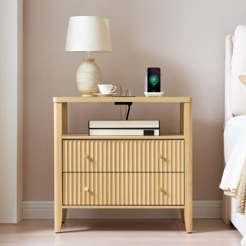 Overstreet 27'' Fluted Nightstand with Charging Station, 2-Drawer Bedside Table with Open Shelf and Solid Wood Legs