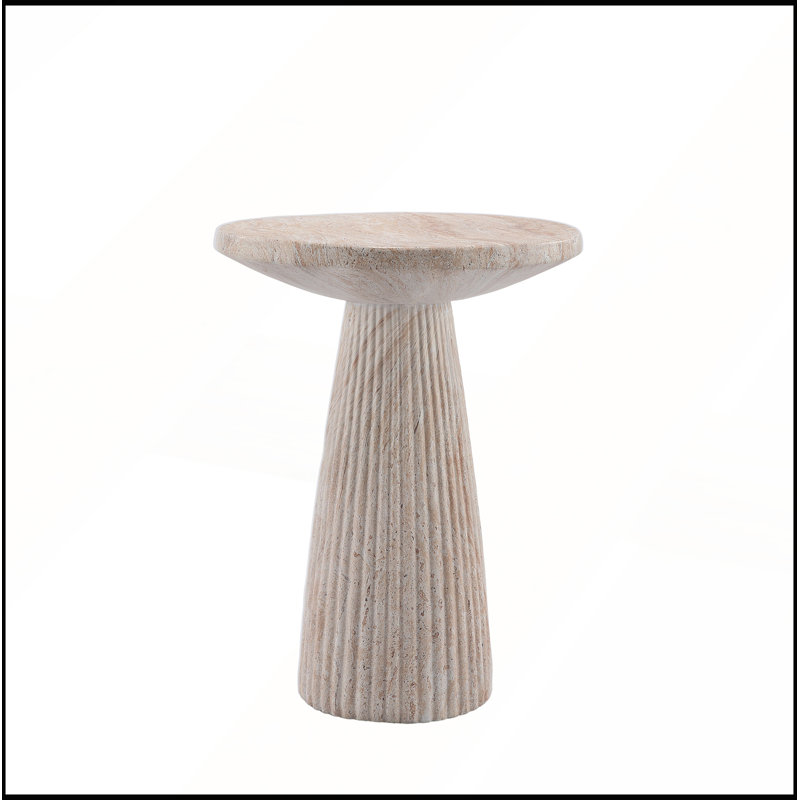 Table basse ronde à pied cannelé, plateau en oxyde de magnésium imitation travertin, pour intérieur et extérieur, diamètre 17,91 cm x hauteur 24,02 cm