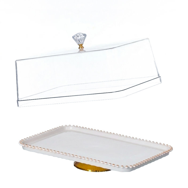  Plateau de service à dessert rectangulaire de 16 po avec plateau transparent et couvercle avec base en piédestal doré et bord perlé pour les gâteaux, pâtisseries et petits gâteaux Idéal pour les mariages et les occasions spéciales