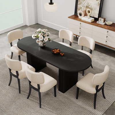 Mid-Century Modern Black Kitchen Extendable Dining Table with Upholstered Rubberwood Chairs