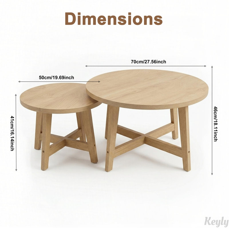 Ensemble de 2 tables basses gigognes rondes avec cadre en forme de X, Bois naturel