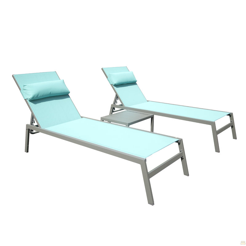 Ensemble de 3 chaises longues de patio, chaises longues de piscine en aluminium avec table d'appoint, fauteuil inclinable d'extérieur réglable