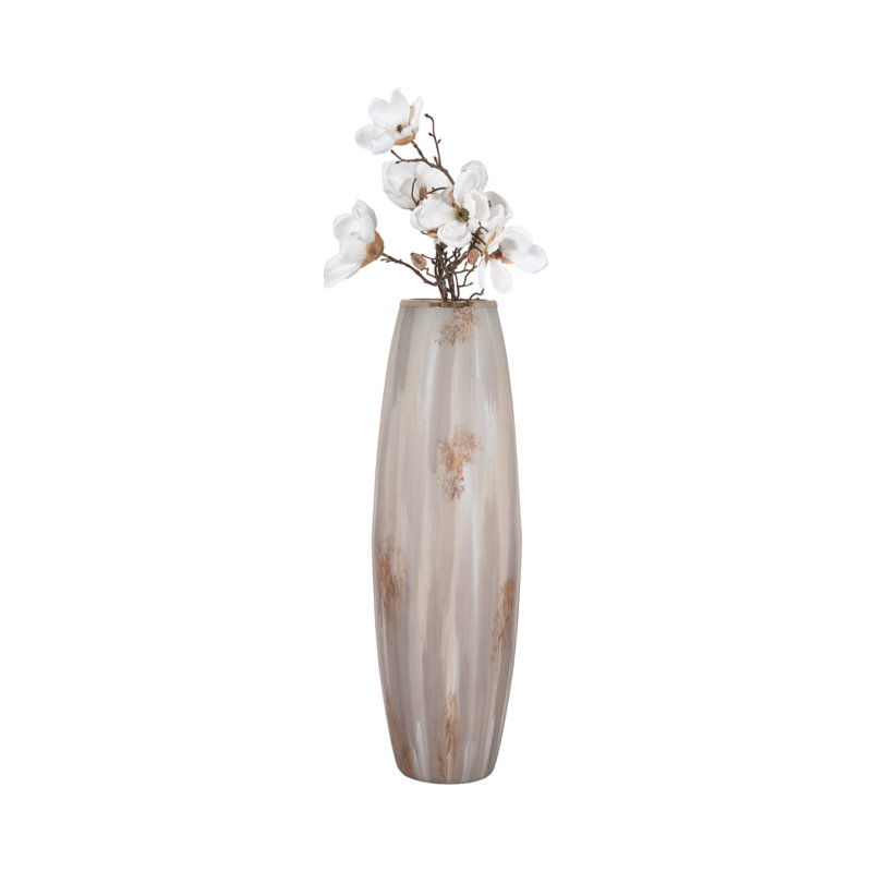 Modern Textured Tall Glass Vase for Home Decor - Decorative Table Flower Vase with Metal Rim for Living Room Styling and Tabletop Display - Tan