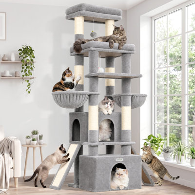 74" Tall Cat Tree for Large Cats, Multi-Level Cat Tower with Scratching Posts, 2 Condos, Double Hammocks & Perches, Sturdy Cat Furniture for 2-3 Cats, Light Grey