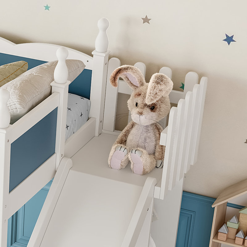 Wooden Loft Bed with Shelves, Wardrobe & Detachable Slide, Twin, White/Blue