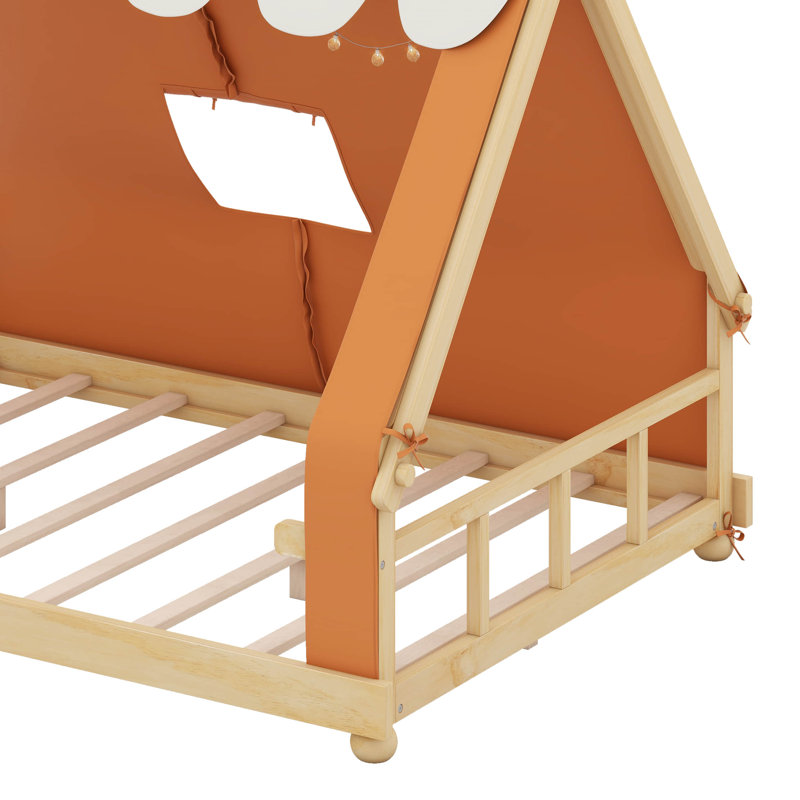 Lit de maison avec tente et éclairage, Double, Brun