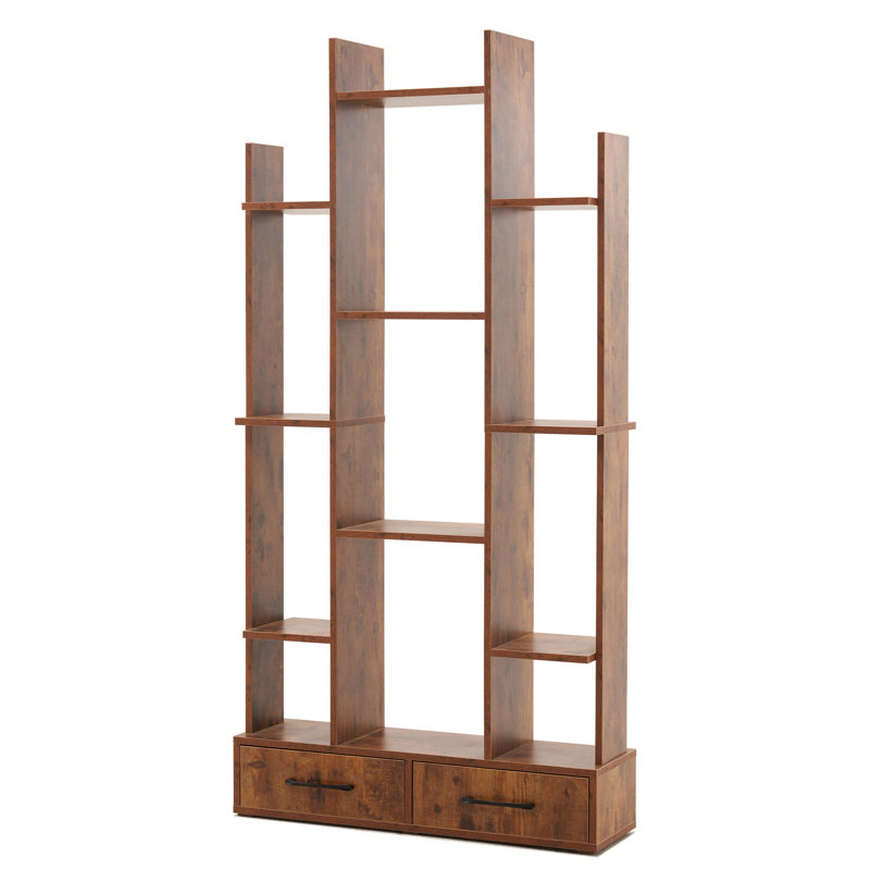 67" H x 33.5" W 3-Tier Bookcase with Open Shelves & 2 Drawers, Brown