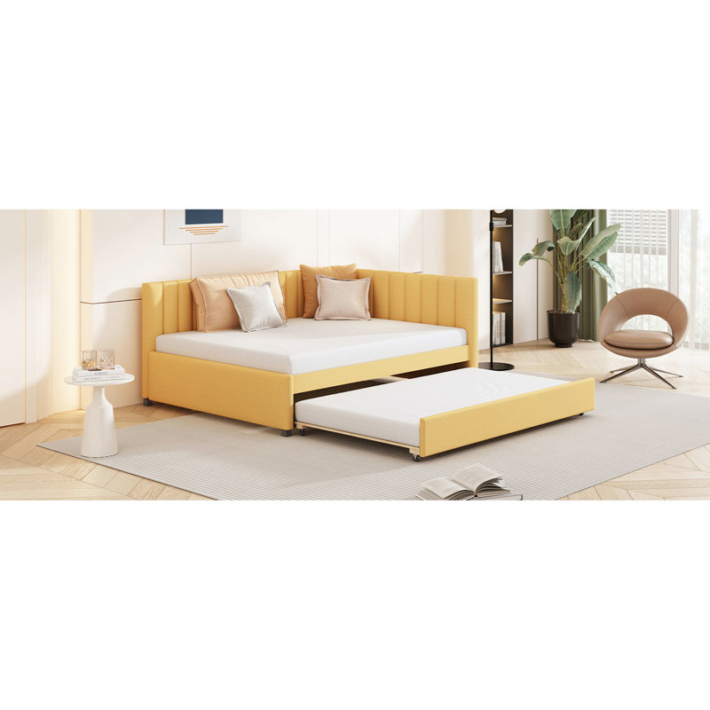 Upholstered Daybed With Trundle In Yellow Linen, No Box Spring, Robust Wood Frame For A Functional Living Room Full Sized Trundle, Stable And Long-Lasting