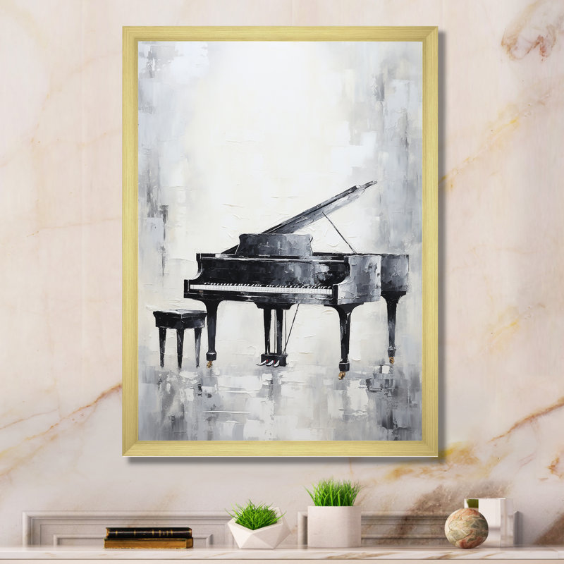 Minimalisme piano minuit noir et blanc III sur toile, Cadre doré simple, H 32 po x l 24 po x P 1 po