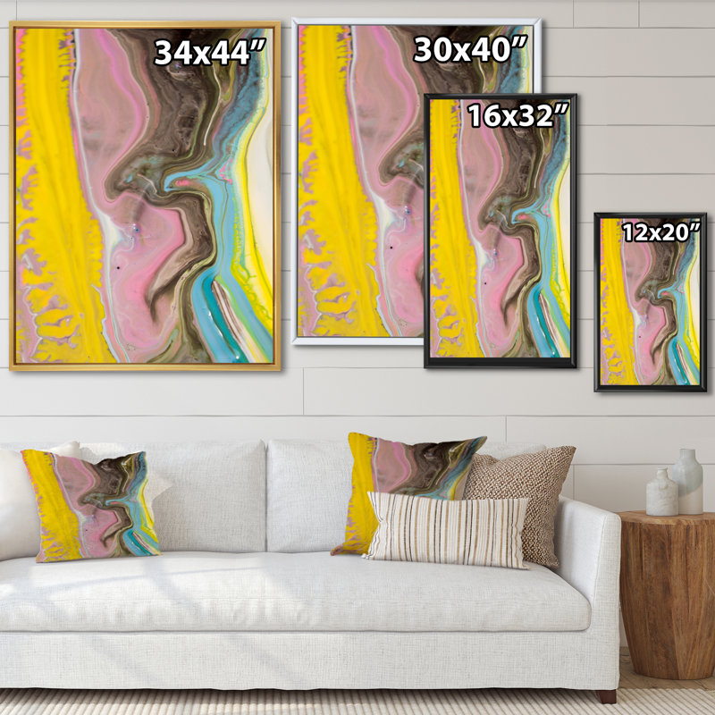 Reproduction d'art sur toile luxueuse rose et jaune, H 36 po x l 24 po x P 1 po, Cadre flottant blanc