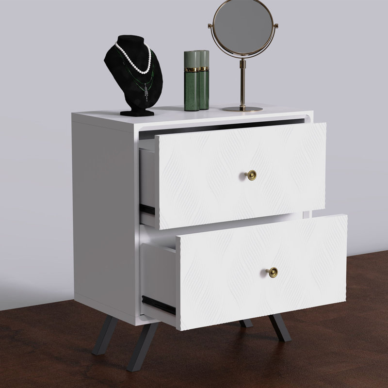 Table de chevet moderne avec 2 tiroirs et motif à vagues, table de chevet avec pieds en métal et rangement pour chambre à coucher, salon