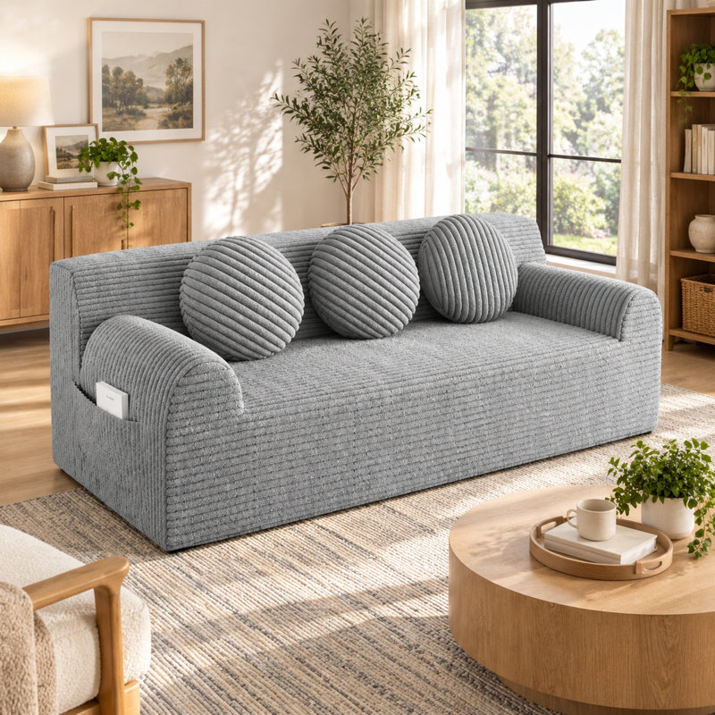 Canapé 2 places en velours côtelé 71 po, gris foncé, modulable et sans structure, avec assises profondes, format appartement, comprend 3 coussins et des poches latérales, aucun assemblage requis