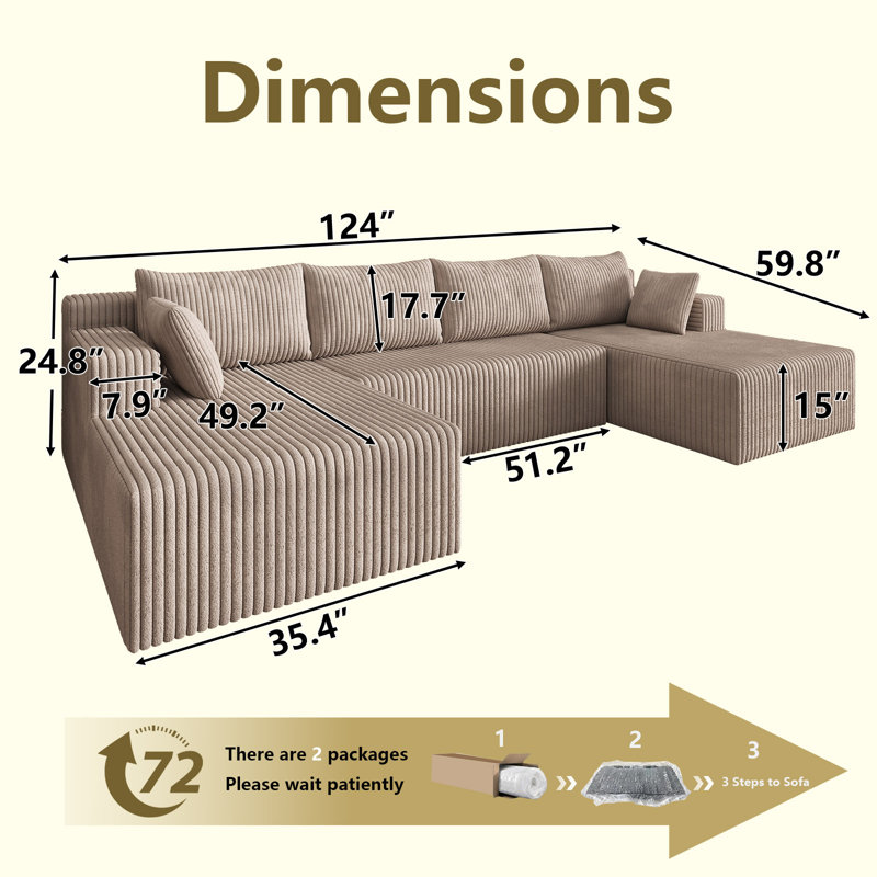 124" Cloud Sectional Couch,Modern U-Shaped Boneless Couch with Deep Seat,Comfy Corduroy 4-Seater Sofa,Memory Foam Sofa for Living Room,No Assembly Required