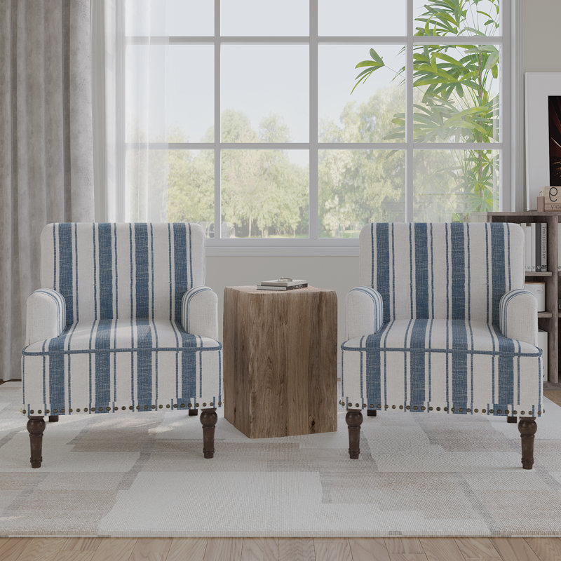 Iliana Upholstered Dark Blue Stripe Cotton Blend Armchair with Solid Wood Legs and Nailhead Trim, Dark Blue Stripe Linen