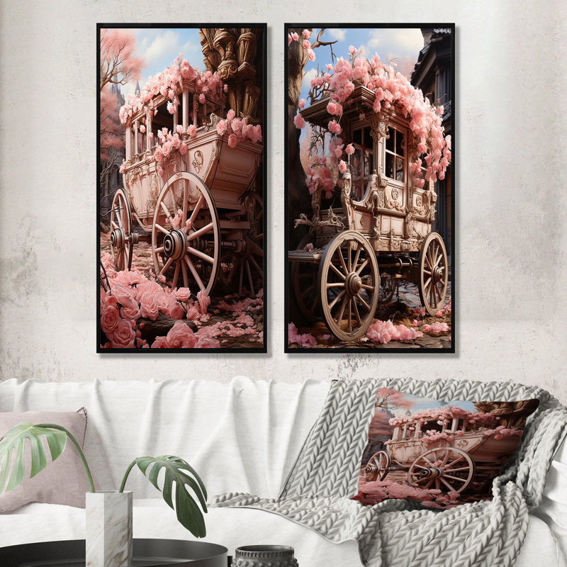 Romantisme, charriot de mariage rose, H 28 po x l 25 po, Cadre flottant noir