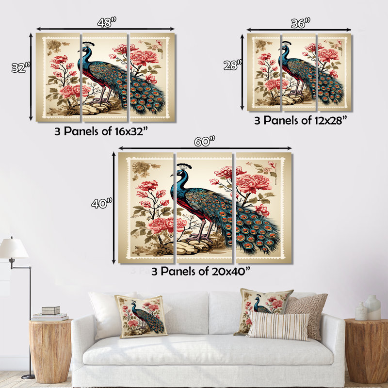 Timbre Illustration d'un paon V sur toile, impression de 3 pièces, H 40 po x l 60 po x P 1 po