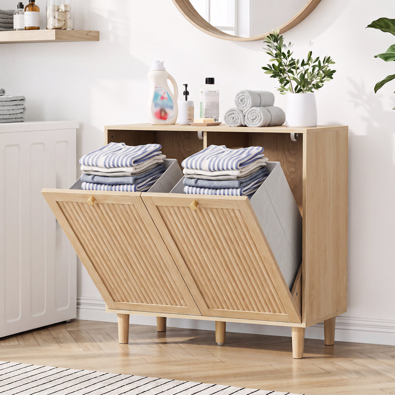 Tilt-Out 2-Compartment Laundry Hamper Cabinet,with 2 Hamper.Natural