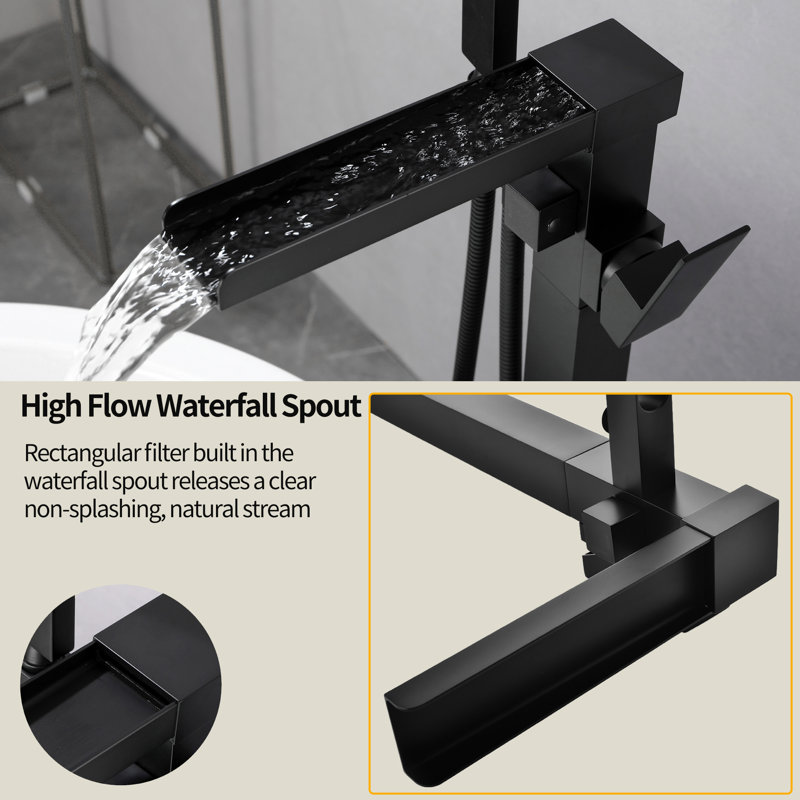 Single-Handle Floor Mount Freestanding Bathtub Faucet Waterfall Tub Filler With Handheld Shower, Matte Black