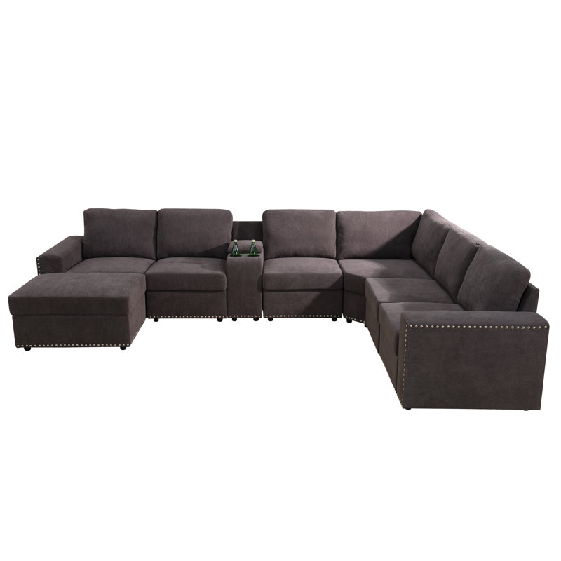 Canapé modulaire réversible en coin de flanelle 135 pièces de 135 po avec repose-pieds, Flanelle brune