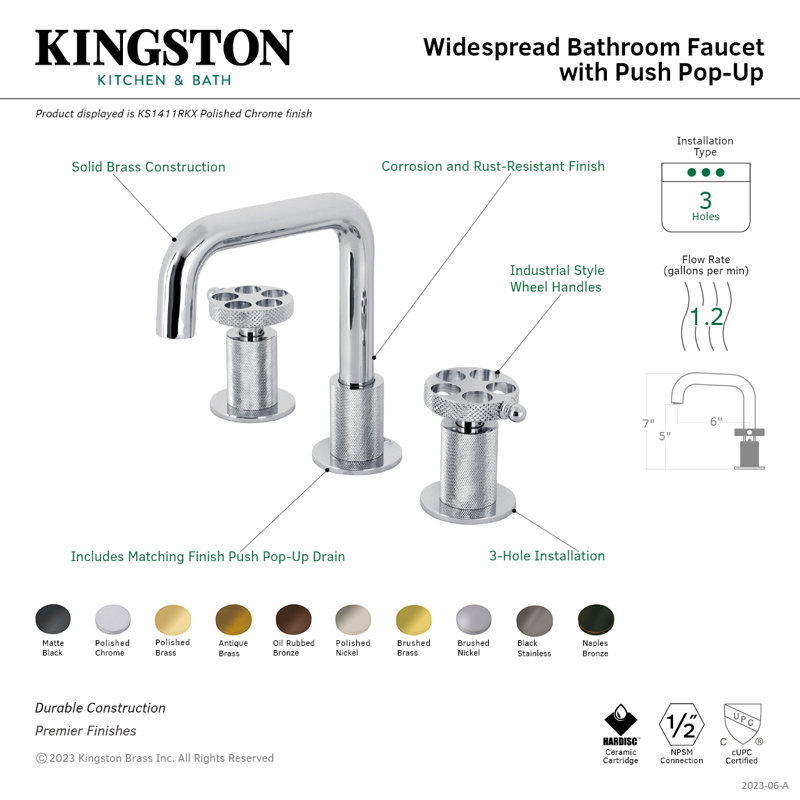 Kingston Brass Webb Two-Handle 3-Hole Deck Mount Widespread Bathroom Faucet with Knurled Handle and Push Pop-Up Drain