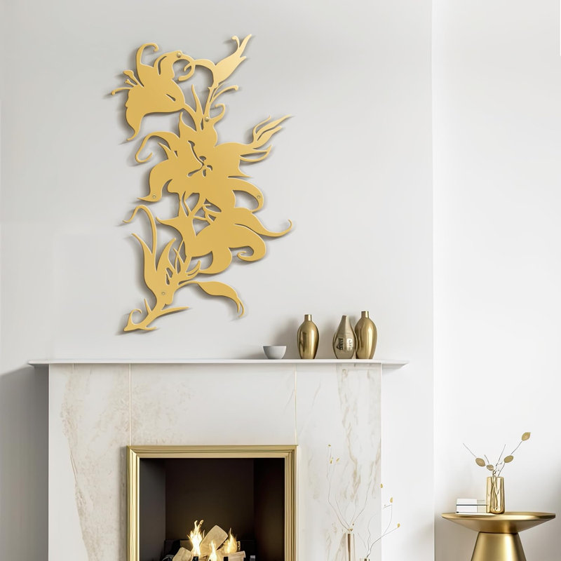 Fleurs, décoration murale abstraite moderne minimaliste, décoration murale en métal, H 36 po x l 22,36 po x P 0,05 po, Or