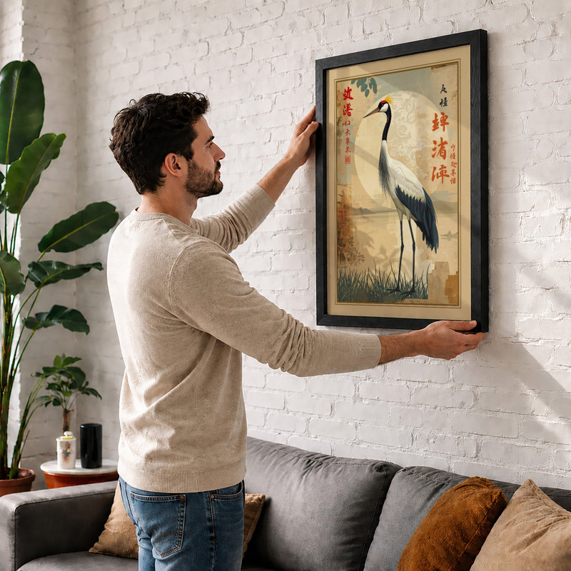 Crane by Moonlight Japandi - Framed Print, A3 - 42.0 x 29.7 cm, Black