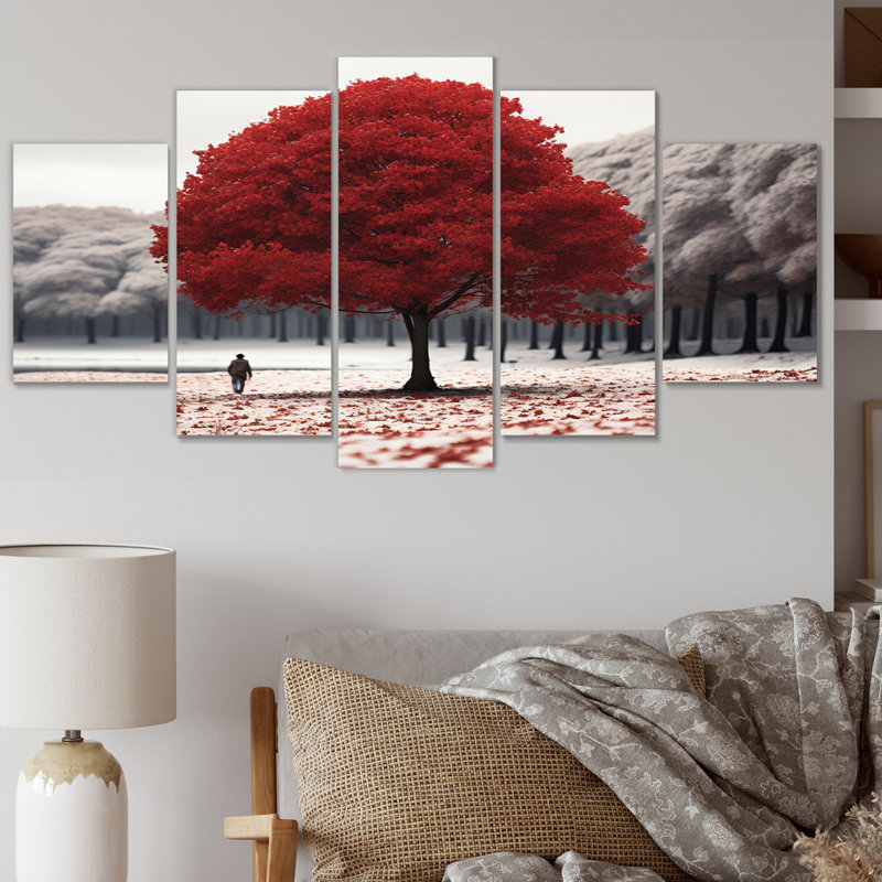 Red And Grey Tree Solitude I - Landscape Trees Canvas Print - 5 Panels