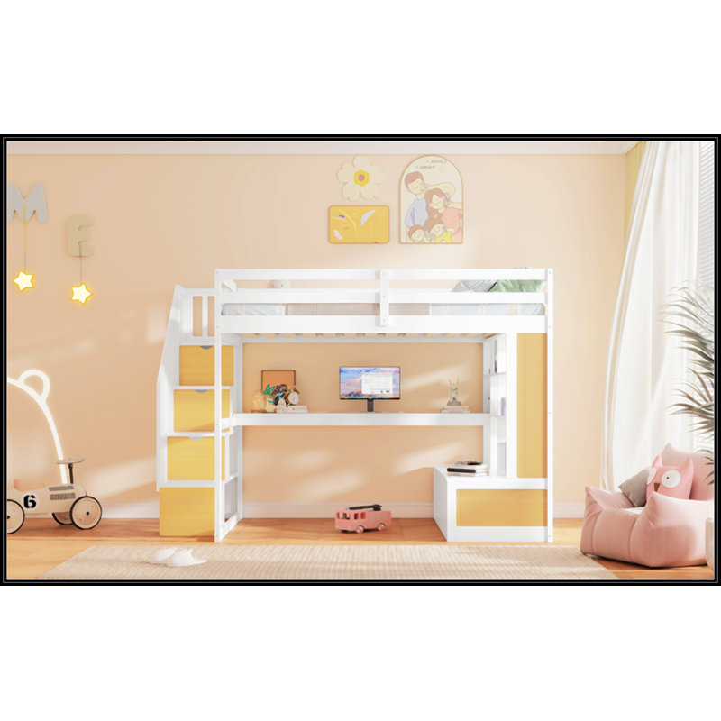 Lit mezzanine double avec bureau et tablettes