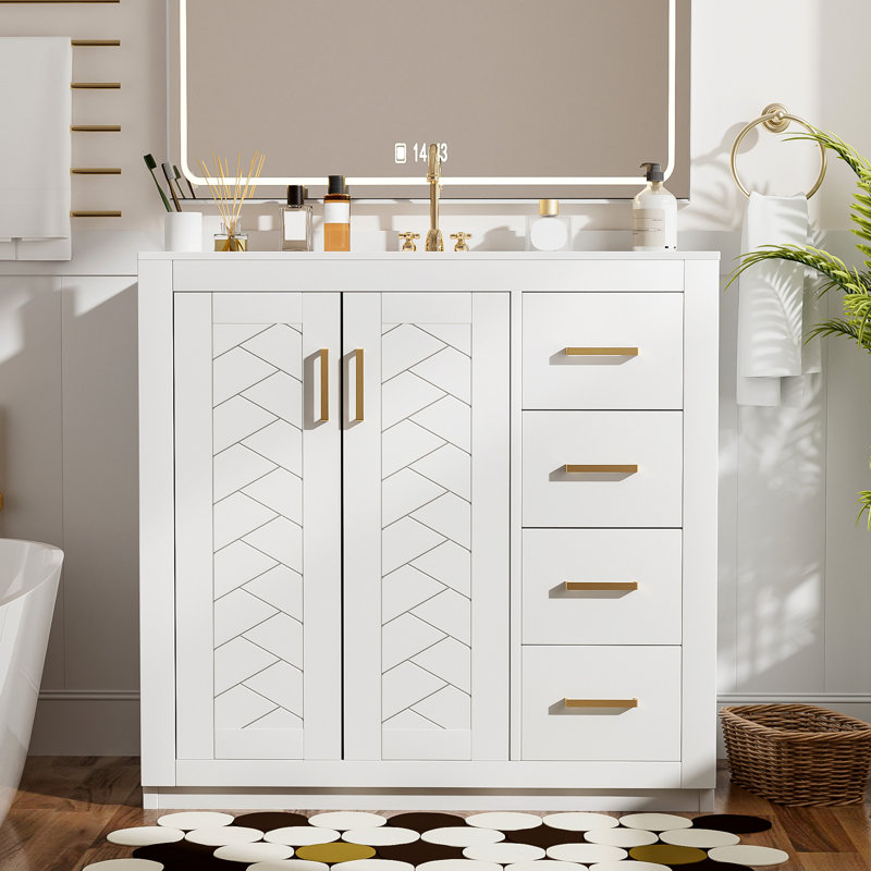 Meuble-lavabo de 36 pouces avec lavabo en céramique, glissière à tiroir lisse en bois massif, charnières, rangement spacieux, couleur blanche, style moderne, cadre de rangement facile à assembler, trois tiroirs, portes, rétro