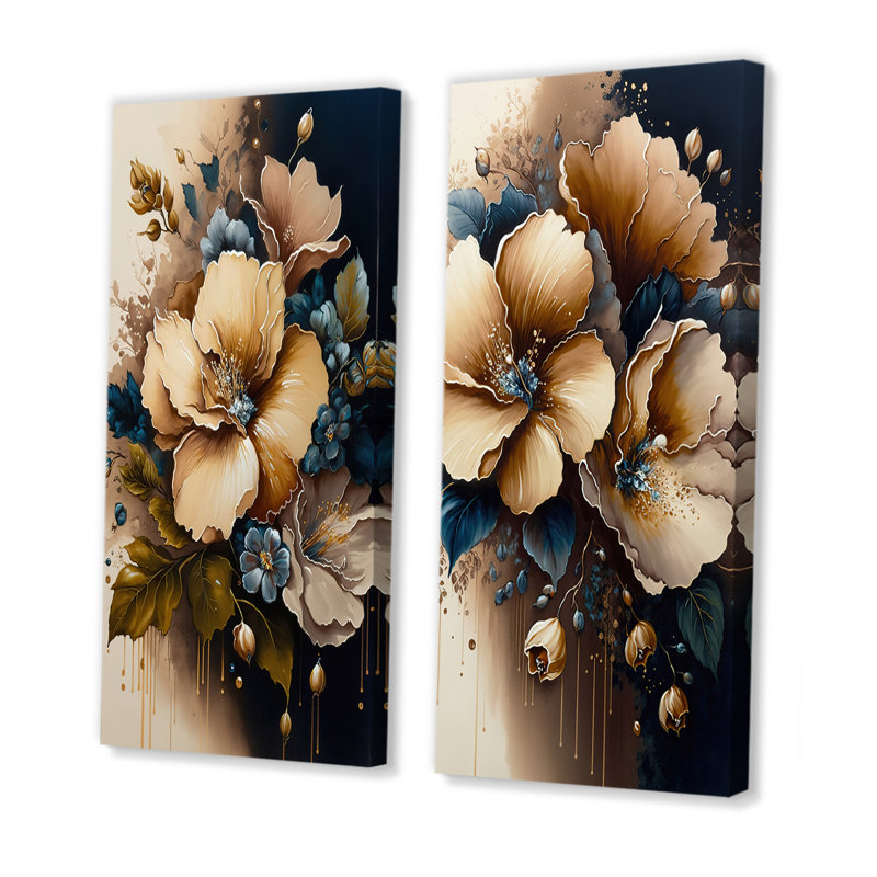«Bouquet d'hibiscus brun et bleu», 2 pièces sur toile, Toile tendue, H 20 po x l 24 po