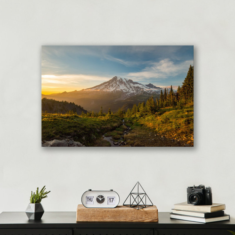 Mount Rainier Sunrise Print - Washington Mountain Landscape Wall Art - Sunrise Over Snowy Peak Canvas Poster - Scenic National Park Nature Artwork - Travel Pacific Northwest Decor - Rustic Mountain Wall Hanging - Modern Home Decoration Art Print