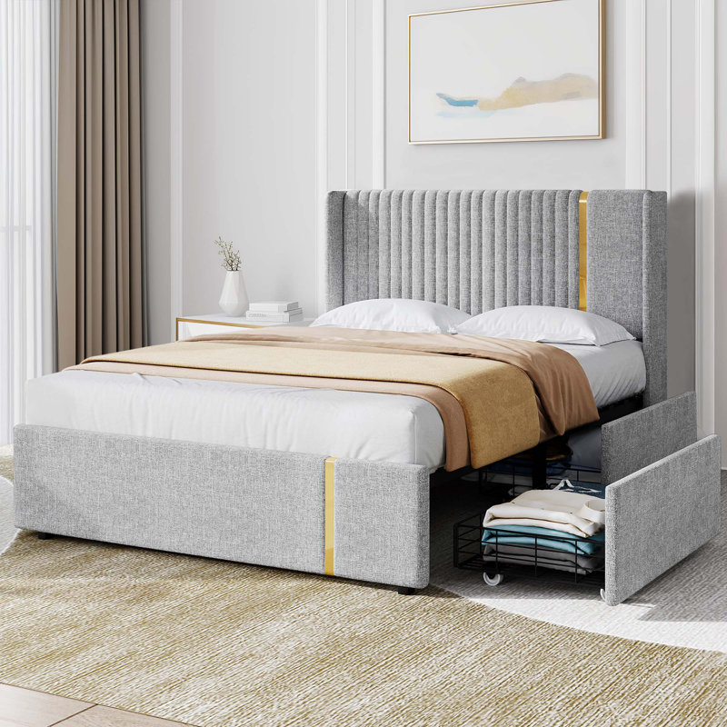 Baranowski Linen Upholstered Bed Frame with Storage Drawers, Wingback Platform Bed with Headboard, Full