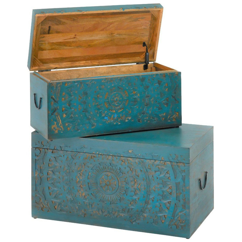 Ensemble de 2 coffres de rangement rectangulaires sculptés délavés bleu délavé Boho Chic