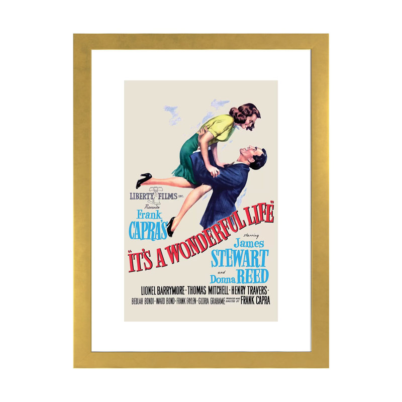 «It's a Wonderful Life» - Publicité imprimée, H 24 po x l 16 po x P 1 po, Blanc, Papier encadré doré