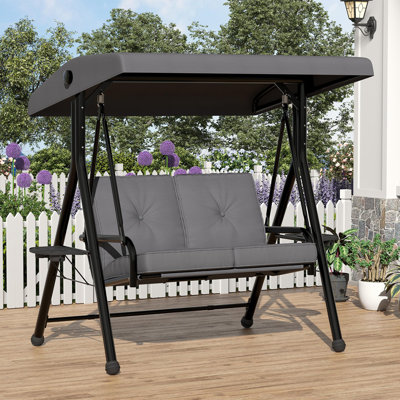 2-Seat Outdoor Patio Porch Swing with Canopy, 2-in-1 Outdoor Swings for Adults with Thickened Removable Cushions ＆ Cup Holders, Patio Swing Chair for Backyard, Porch, Garden (Grey)