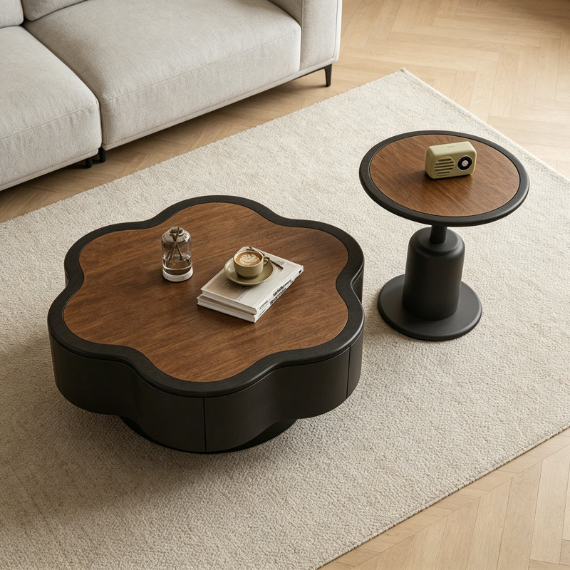 Table basse à pétales rétro français, 13" H x 35.43" L x 35.43" W, Black