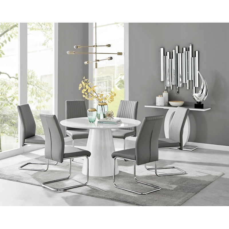 Edzard Statement Pedestal Round Dining Table Set & 6 Luxury Faux Leather Dining Chairs, Mustard, White