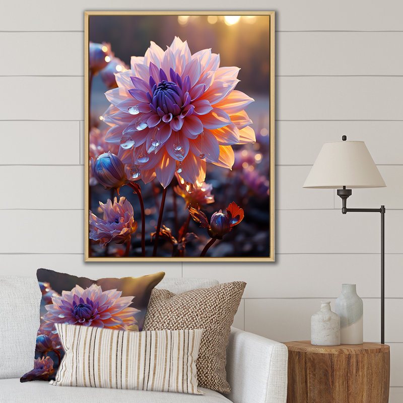 Violet sur fond de dahlia violet - impressions sur toile Dahlia, H 44 po x l 34 po x P 1,5 po, Cadre naturel flottant