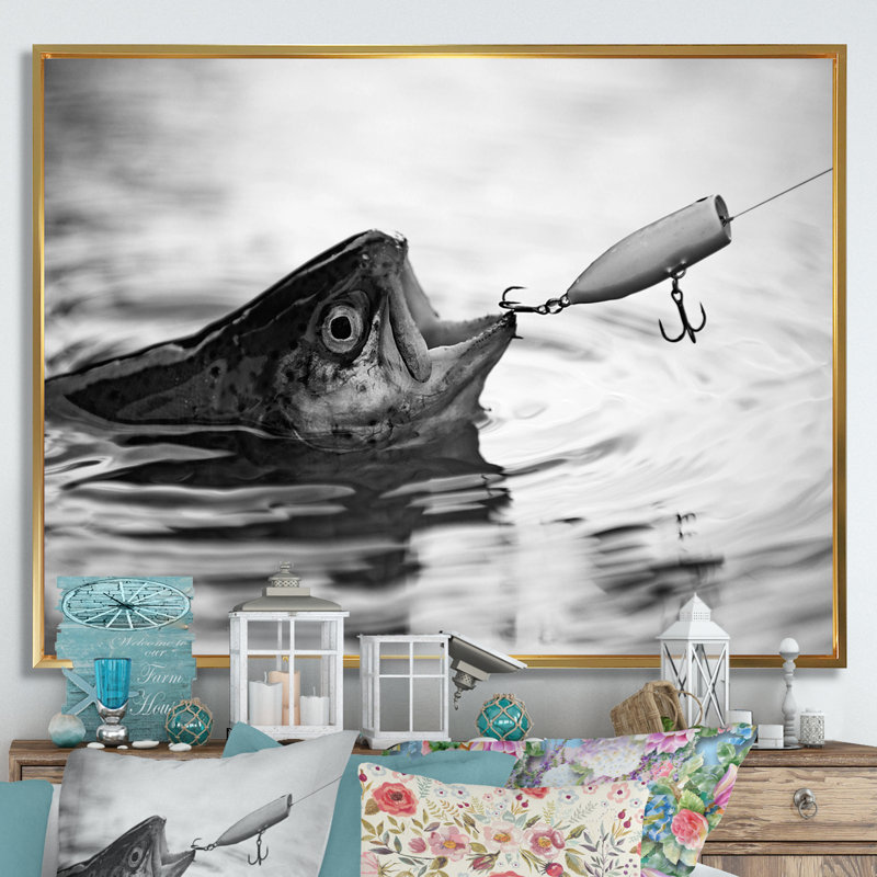 Catching Bass Fish - Fishing Framed Canvas Print Hunting Wall Art, 34" H x 44" W x 1.5" D, Gold Floater Framed
