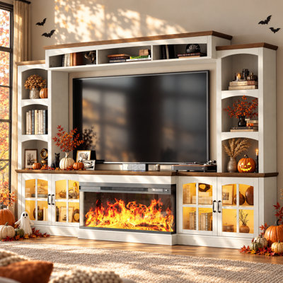 98" TV Stand with Electric Fireplace and Glass Cabinet, Adjustable Shelves & Cable Holes,  Farmhouse Wall Unit Entertainment Center With 3-Sided Electric Fireplace TV Stand For Tvs Up To 75", White