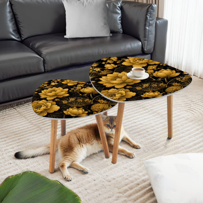 Triangle Nesting Coffee Table Set of 2 fan flower unbrella japanese chinese seamless design gold black End Table Modern Minimalist Side Table Set for Living Room Bedroom