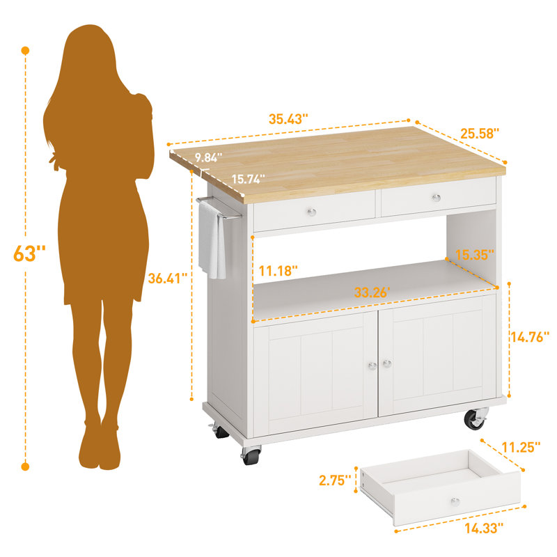 Îlot de cuisine roulant avec barre à déjeuner à abattants pliable, chariot de cuisine l 35,4 po avec armoire de rangement et 2 tiroirs, îlot de cuisine mobile avec porte-serviettes, roues verrouillables, blanc