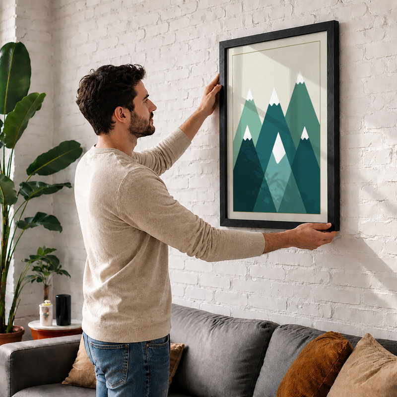 Layered Mountain Peaks Geometric - Framed Print, A2 - 59.4 x 42.0 cm, White
