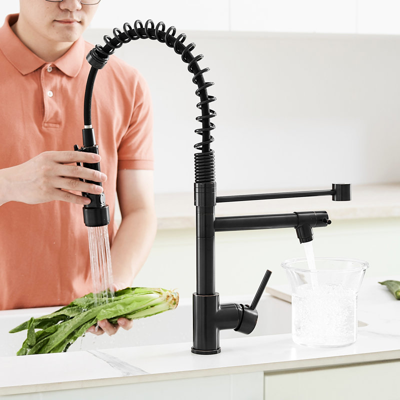 Robinet de cuisine en bronze huilé avec poignée rétractable, poignée simple, rotation à 360 degrés, remplisseur en céramique, jet pour appareil contemporain, finition, rotation, gadget moderne