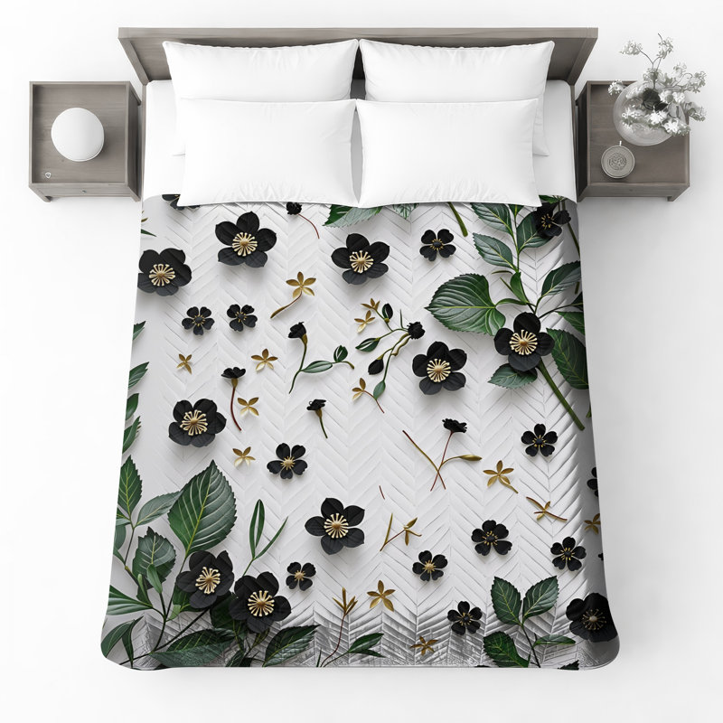 Black Paper Flowers Quilted Bedspread All Sizes, Twin