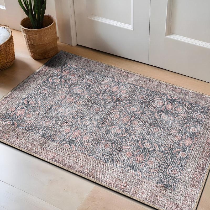 Labarbera Machine Washable Charcoal/Red Non-Slip Backing Area Rug, Rectangle 2' x 3'